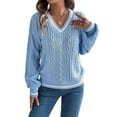 thumbnail image 1 of Women'S Long Sleeve V Neck Cable Knit Sweater 2025 Fall Pullover Top Cute Soft Dressy Casual Outfits Blue L, 1 of 8