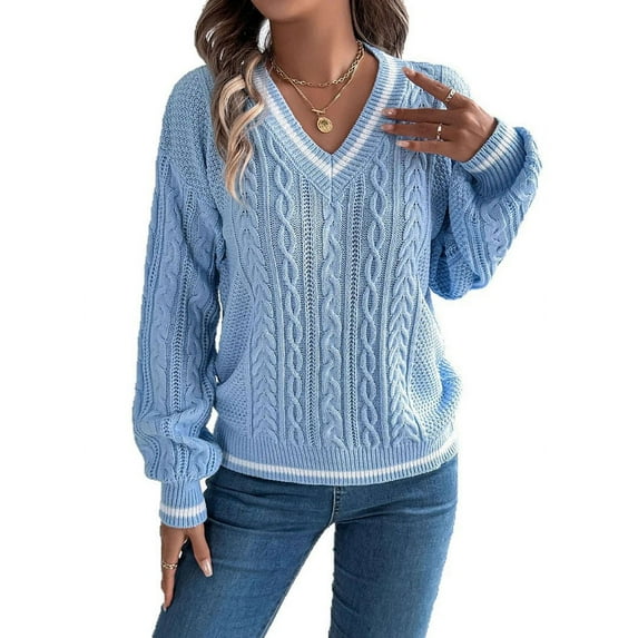 Women'S Long Sleeve V Neck Cable Knit Sweater 2025 Fall Pullover Top Cute Soft Dressy Casual Outfits Blue XL