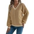 thumbnail image 1 of Women'S Long Sleeve V Neck Cable Knit Sweater 2025 Fall Pullover Top Cute Soft Dressy Casual Outfits Khaki L, 1 of 9