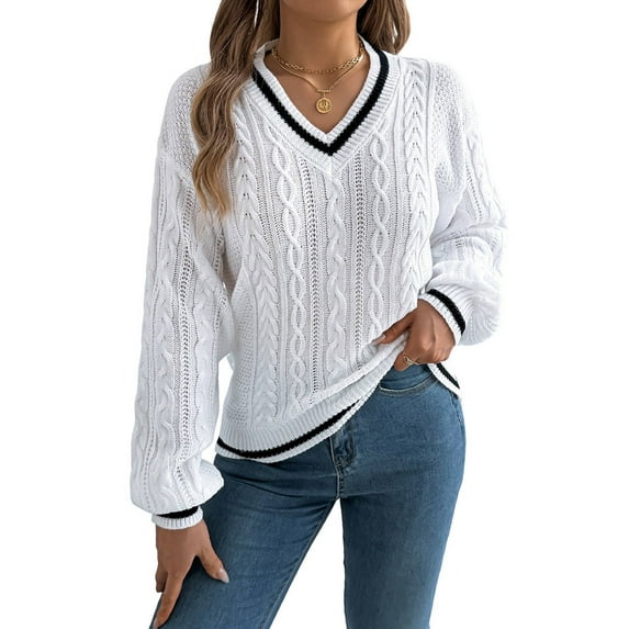 Women'S Long Sleeve V Neck Cable Knit Sweater 2025 Fall Pullover Top Cute Soft Dressy Casual Outfits White XL