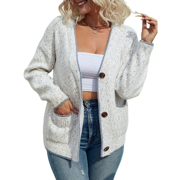 Women'S Long Sleeve V-Neck Contrast Color Button Knitted Sweater Fall Winter Pocket Cardigan Jacket Cream White M