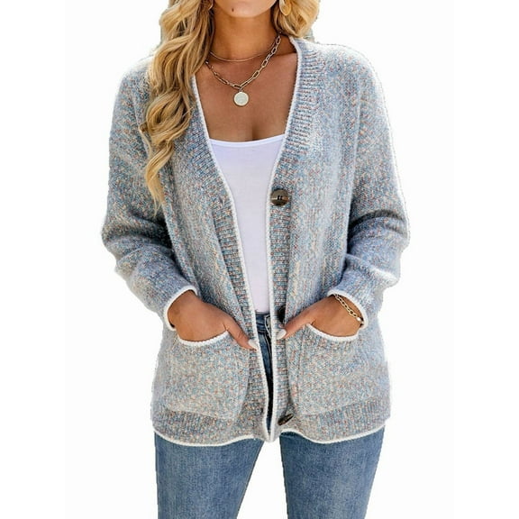 Women'S Long Sleeve V-Neck Contrast Color Button Knitted Sweater Fall Winter Pocket Cardigan Jacket Dark Gray XL