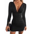 thumbnail image 1 of Women'S Long Sleeve V Neck Ruched Bodycon Mini Party Cocktail Dress Black S, 1 of 10