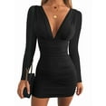 thumbnail image 1 of Women'S Long Sleeve V Neck Ruched Bodycon Mini Party Cocktail Dress Black XS, 1 of 8