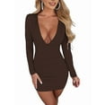thumbnail image 1 of Women'S Long Sleeve V Neck Ruched Bodycon Mini Party Cocktail Dress Dark Brown S, 1 of 6