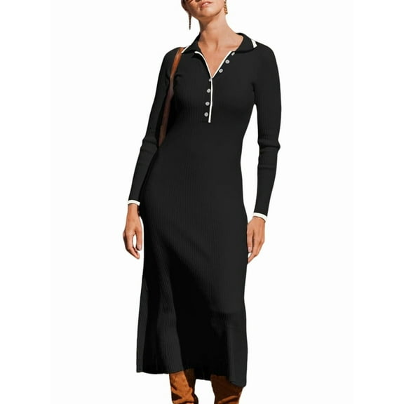 Women'S Long Sleeve V Neck Sweater Dress Button Ribbed Knit Slim Fit Elegant Maxi Dresses Black L