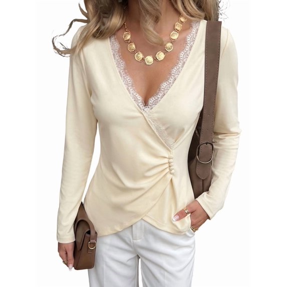Women'S Long Sleeve V Neck T Shirts Fall Fashion Outfits Ruched Slim Fit Blouses Going Out Tops Beige L