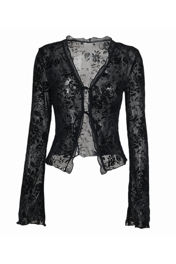 Women'S Long Sleeve V-Neck Tie Top Autumn Gothic Transparent Mesh Flare Long Sleeve Shirt Black L