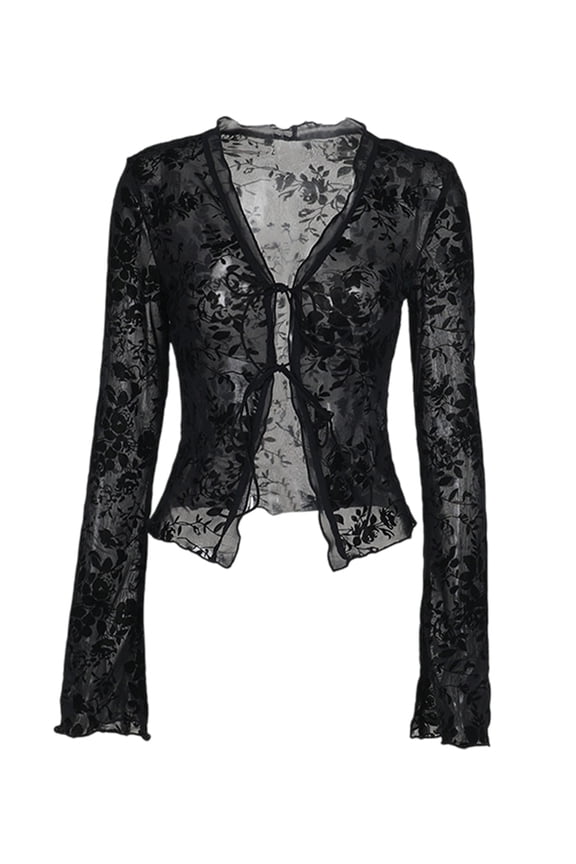 Women'S Long Sleeve V-Neck Tie Top Autumn Gothic Transparent Mesh Flare Long Sleeve Shirt Black XS