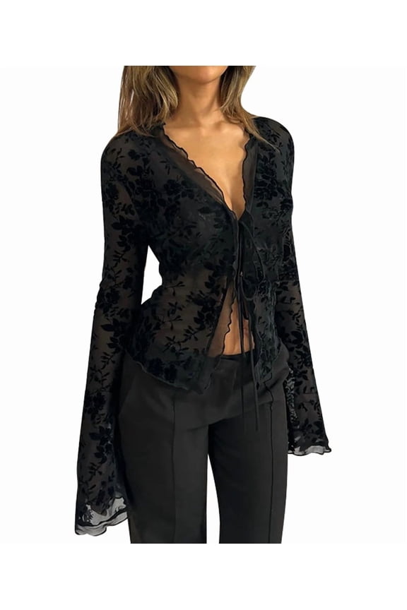 Women'S Long Sleeve V-Neck Tie Top Autumn Gothic Transparent Mesh Flare Long Sleeve Shirt