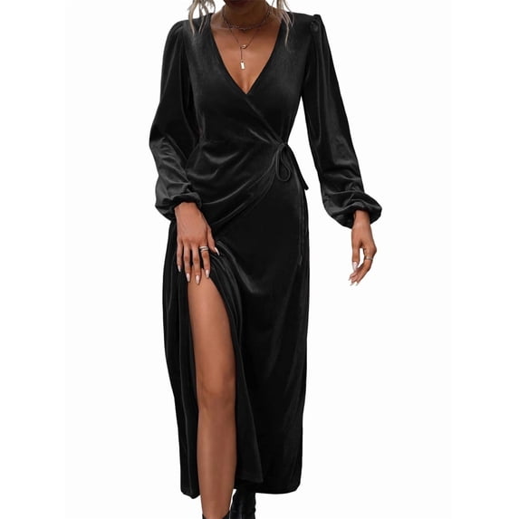 Women'S Long Sleeve Velvet Dress V Neck Holiday Cocktail Party Semi Formal Midi Dresses Black XL
