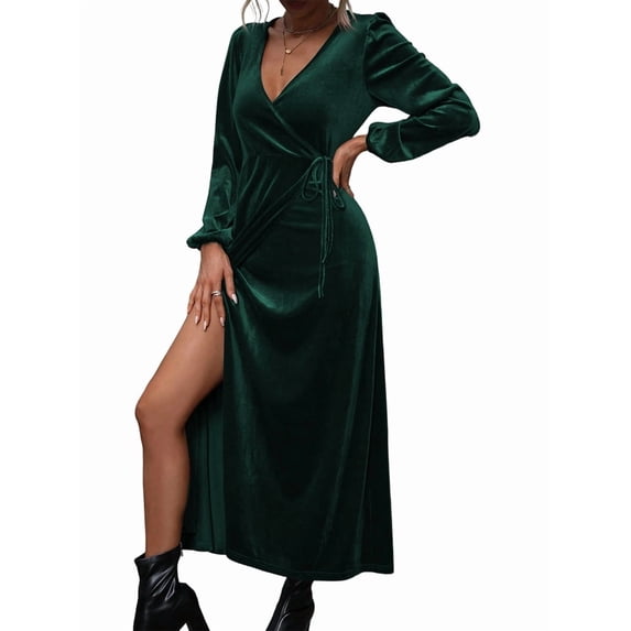 Women'S Long Sleeve Velvet Dress V Neck Holiday Cocktail Party Semi Formal Midi Dresses Dark Green M