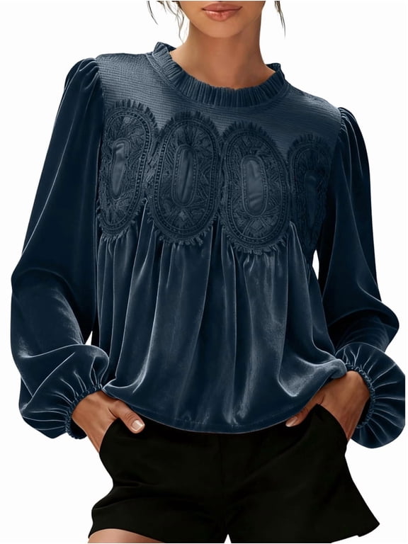 Women'S Long Sleeve Velvet Trim Lace Blouse Elegant Flared Swing Top Round Neck Blouse Casual Wear M