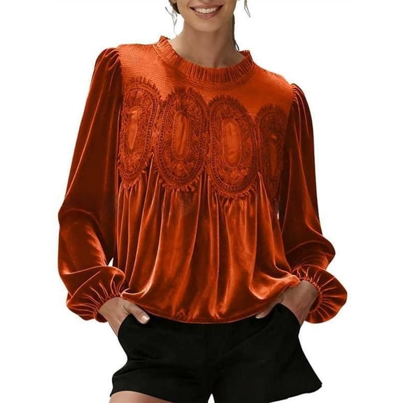 Women'S Long Sleeve Velvet Trim Lace Blouse Elegant Flared Swing Top Round Neck Blouse Casual Wear Tangerine Color XL