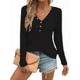 thumbnail image 1 of Women'S Long Sleeve Waffle Knit Shirts Dressy Casual Loose Button Up V Neck Henley Tops Fall Basic Tee Blouse Black XL, 1 of 5