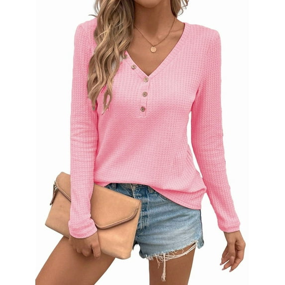Women'S Long Sleeve Waffle Knit Shirts Dressy Casual Loose Button Up V Neck Henley Tops Fall Basic Tee Blouse Pink XL