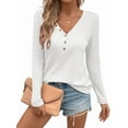 thumbnail image 1 of Women'S Long Sleeve Waffle Knit Shirts Dressy Casual Loose Button Up V Neck Henley Tops Fall Basic Tee Blouse White XL, 1 of 5