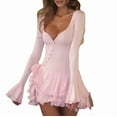 thumbnail image 1 of Women'S Long Sleeve Wedding Guest Dresses Sexy Deep V Neck Flare Ruffle Bodycon Dress Pink M, 1 of 8