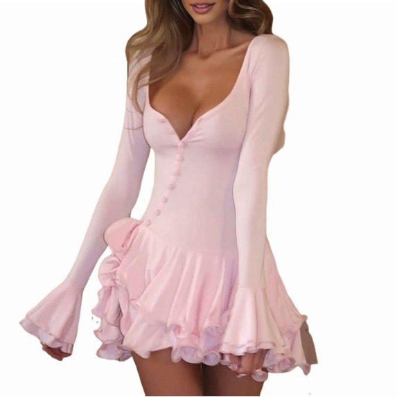 Women'S Long Sleeve Wedding Guest Dresses Sexy Deep V Neck Flare Ruffle Bodycon Dress Pink S