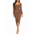 thumbnail image 1 of Women'S Long Sleeve Wrap V Neck Bodycon Ruched Midi Dress Brown L, 1 of 9