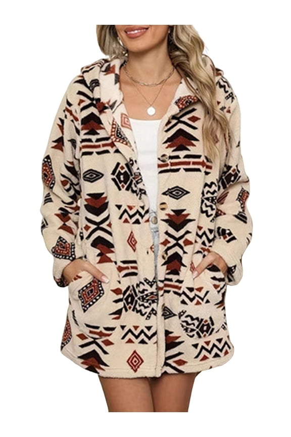 Women'S Long Sleeve Zip Up Coat Faux Fur Ethnic Print Fall Jacket with Pocket Teddy Cropped Oversized Outwear Khaki L