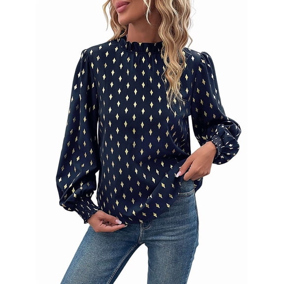 Women'S Long-Sleeved Commuter Hot Stamping Shirt Pleated Round Neck Shirt Casual Loose Top Navy Blue L