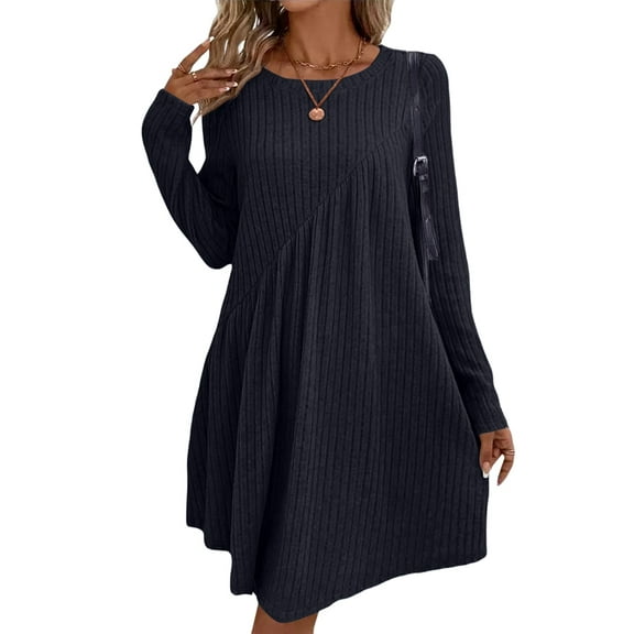 Women'S Long-Sleeved Dress, Round Neck, High Waist, Irregular Waist Dress Black XL
