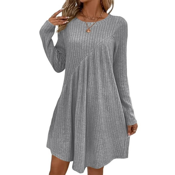 Women'S Long-Sleeved Dress, Round Neck, High Waist, Irregular Waist Dress Light Grey S