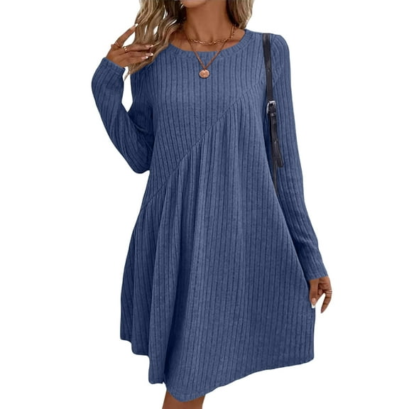 Women'S Long-Sleeved Dress, Round Neck, High Waist, Irregular Waist Dress Royal Blue XXL