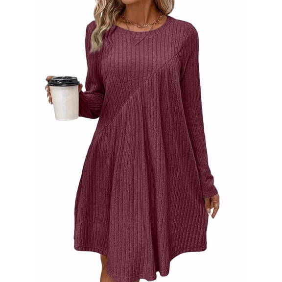 Women'S Long-Sleeved Dress, Round Neck, High Waist, Irregular Waist Dress Wine Red M
