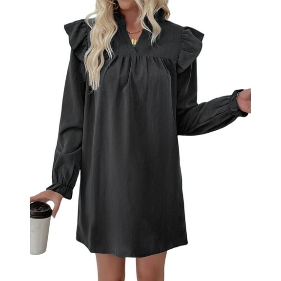 Women'S Long-Sleeved Dress with Loose Stand-Up Collar and Ruffled Stitching Black XL