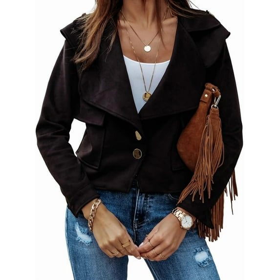 Women'S Long-Sleeved Lapel Short Jacket Fall Winter Solid Color Deerskin Button Jacket Black S