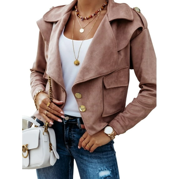 Women'S Long-Sleeved Lapel Short Jacket Fall Winter Solid Color Deerskin Button Jacket Dark Pink S