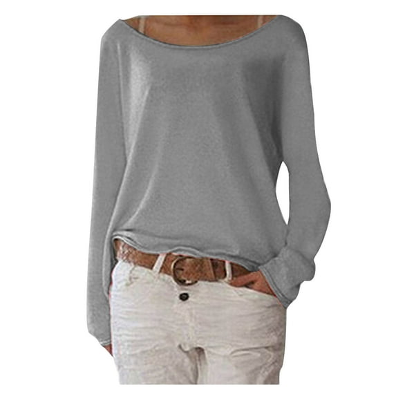 Women'S Long-Sleeved Pullover Round Neck Solid Color Loose T-Shirt Top