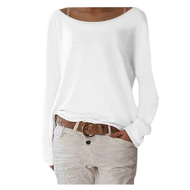 Women'S Long-Sleeved Pullover Round Neck Solid Color Loose T-Shirt Top