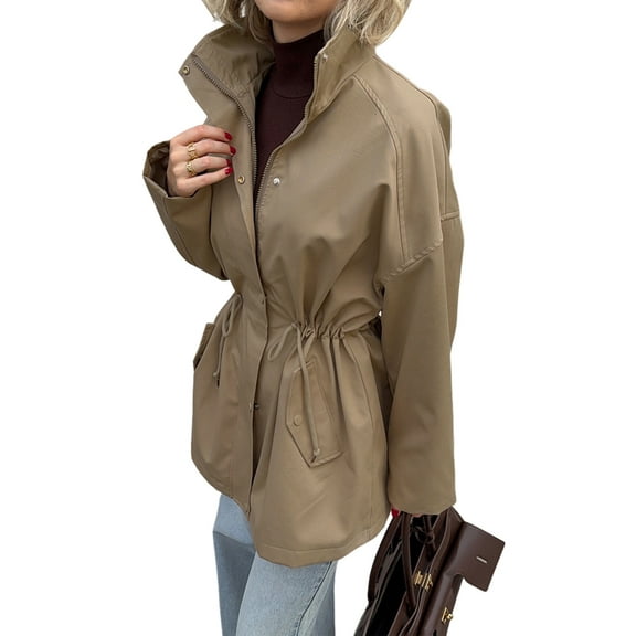 Women'S Long-Sleeved Stand Collar Mid-Length Drawstring Waist Fitted Pure Cotton Trench Coat Jacket Khaki L