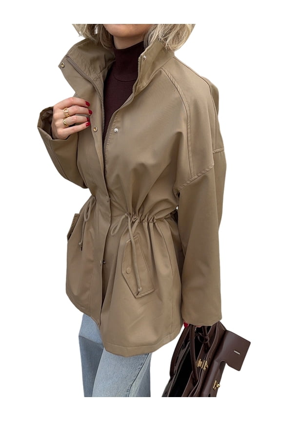 Women'S Long-Sleeved Stand Collar Mid-Length Drawstring Waist Fitted Pure Cotton Trench Coat Jacket Khaki L