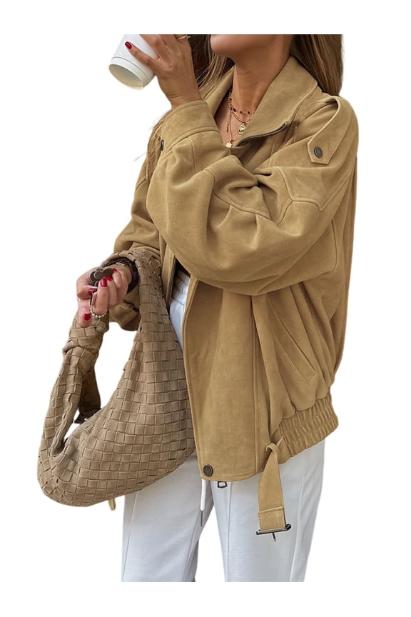 Women'S Long-Sleeved Stand-Up Collar Frosted Velvet Jacket with Zipper, Elegant and Fashionable Suede Top Khaki M