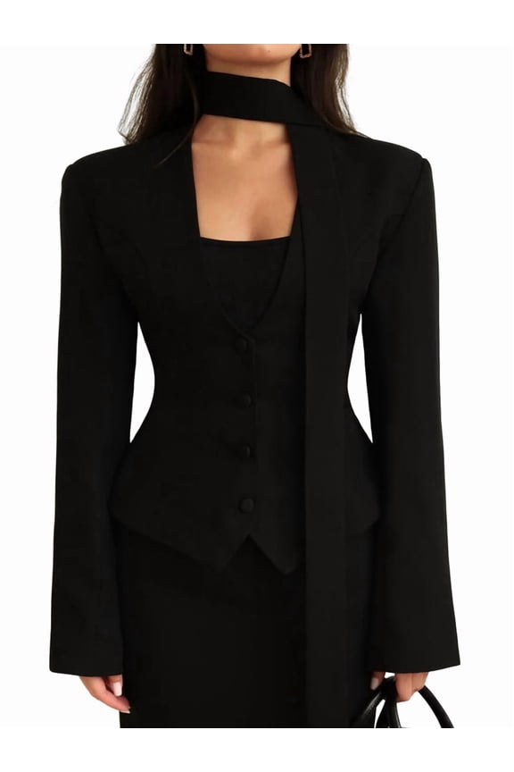 Women'S Long-Sleeved Suit Jacket, Solid Color V-Neck Scarf Slim Fit with Padded Shoulders Black S