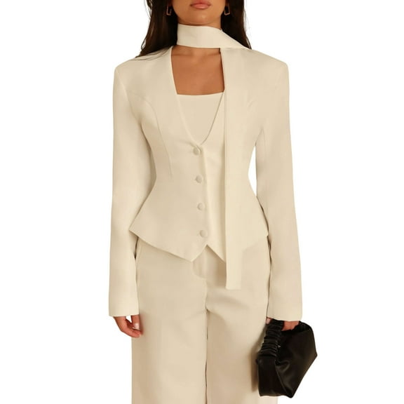 Women'S Long-Sleeved Suit Jacket, Solid Color V-Neck Scarf Slim Fit with Padded Shoulders White S