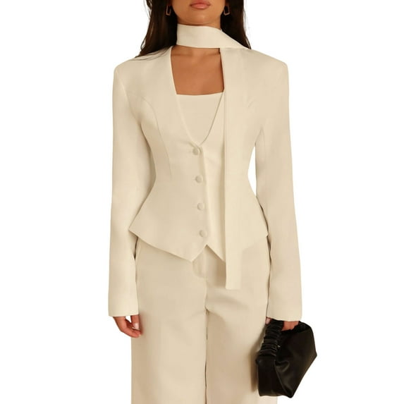 Women'S Long-Sleeved Suit Jacket, Solid Color V-Neck Scarf Slim Fit with Padded Shoulders White XL