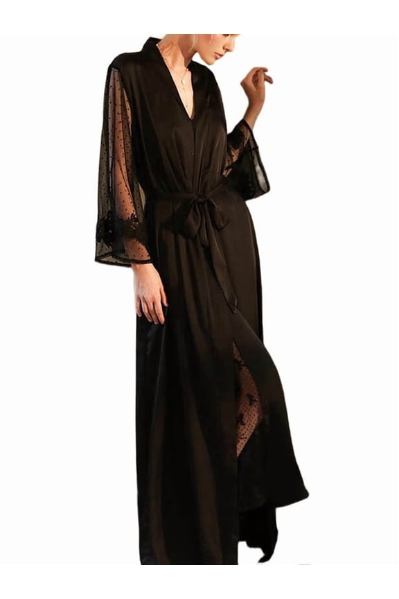 Women'S Long-Sleeved V-Neck Satin Extra-Long Nightgown Spa Dressing Gown Bathrobe Nightgown Black L