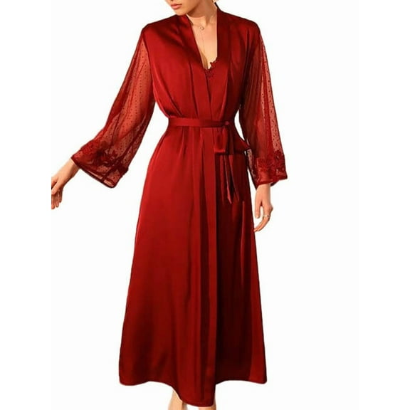 Women'S Long-Sleeved V-Neck Satin Extra-Long Nightgown Spa Dressing Gown Bathrobe Nightgown Wine Red L
