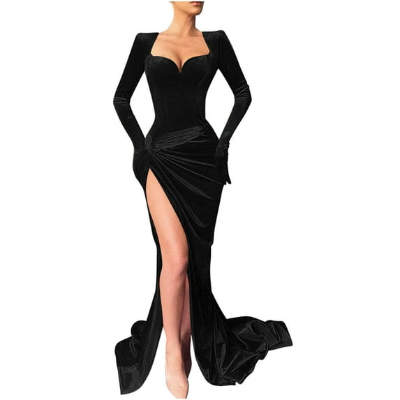 Women'S Long-Sleeved V-Neck Temperament Slim High-Waisted Gloves Vintage Dress,Velvet Bridesmaid Dresses for Women 2025 Mermaid Ruched Sweetheart Prom Formal Evening Gown with Slit