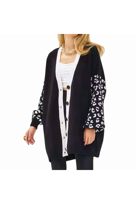 Women'S Long Sleeves Open Front Casual Leopard Print Knitted Sweater Cardigan Coat Outwear Black XXL