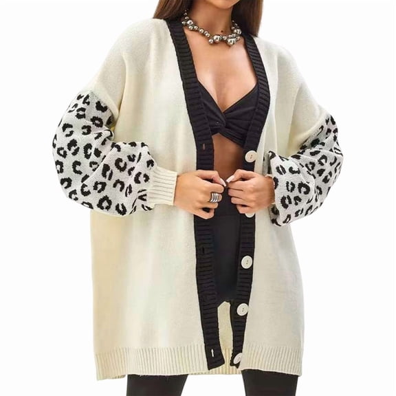 Women'S Long Sleeves Open Front Casual Leopard Print Knitted Sweater Cardigan Coat Outwear Milky L