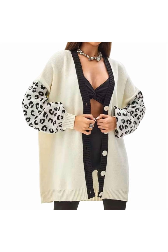 Women'S Long Sleeves Open Front Casual Leopard Print Knitted Sweater Cardigan Coat Outwear Milky M