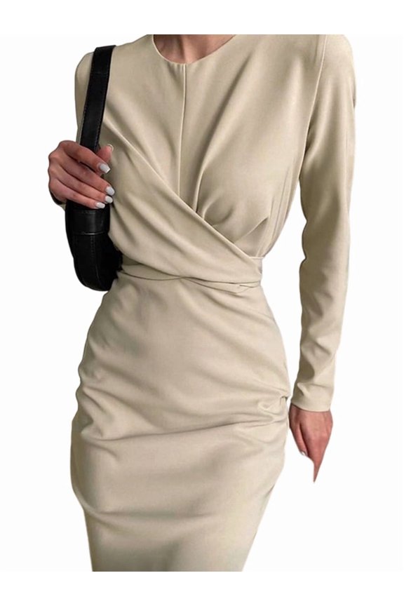 Women'S Long Sleeves Retro Style Fitted Waist Slimming Bodycon Dress Color XL