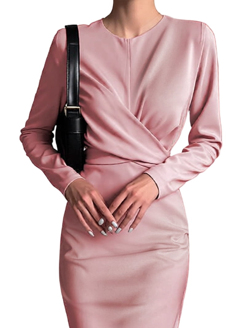 slimming bodycon dress Women'S Long Sleeves Retro Style Fitted Waist Pink L outdoor activities