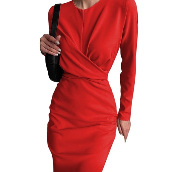Women'S Long Sleeves Retro Style Fitted Waist Slimming Bodycon Dress Red L
